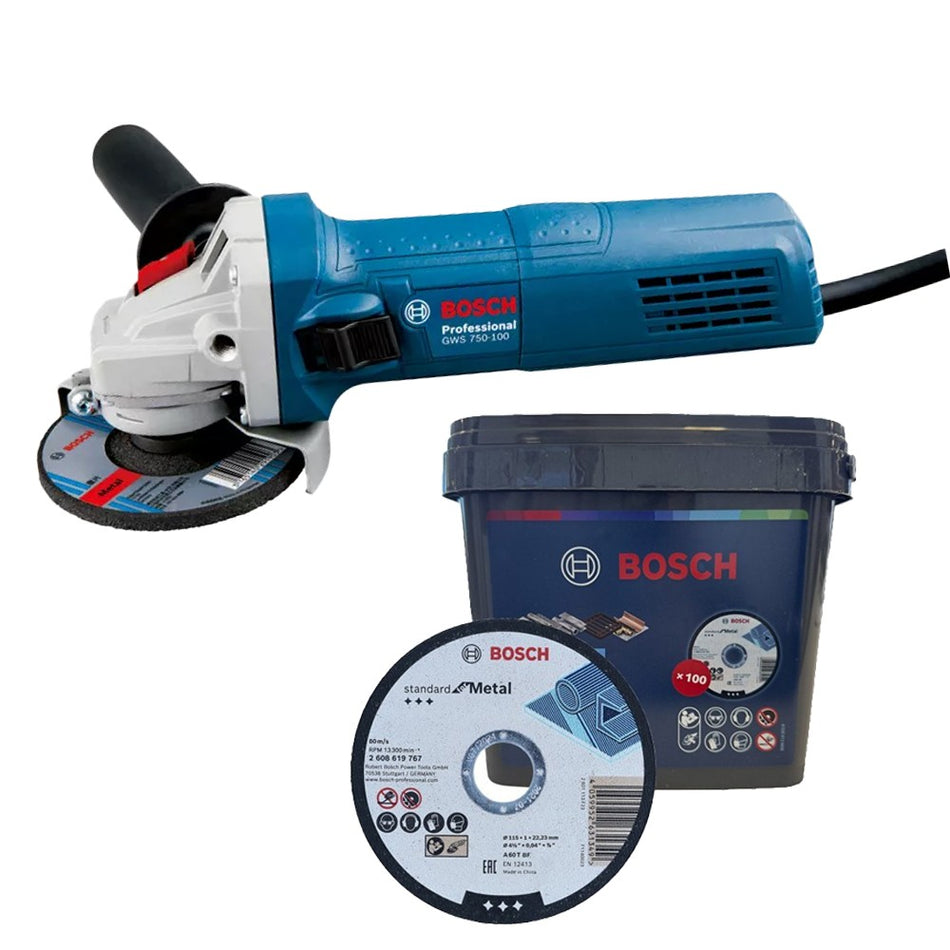 Bosch 115mm PowerCut Pro Bundle - 100 Metal Cutting Discs & GWS 750 110V Grinder