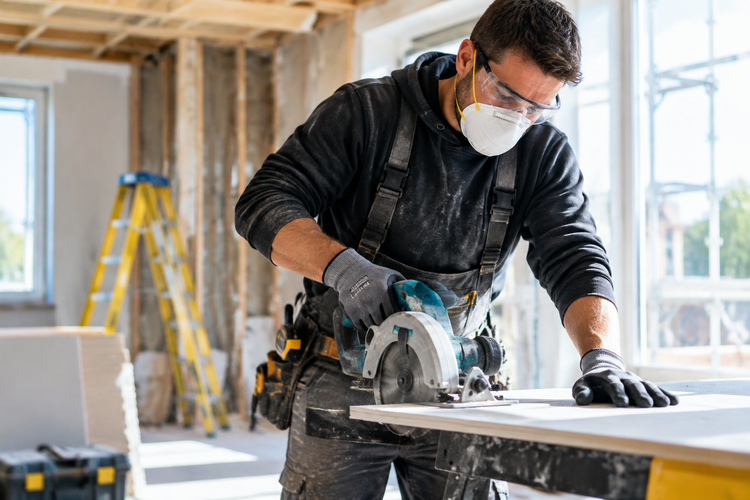 Tradesperson wearing safety gloves, eyewear and a dust mask while working on site