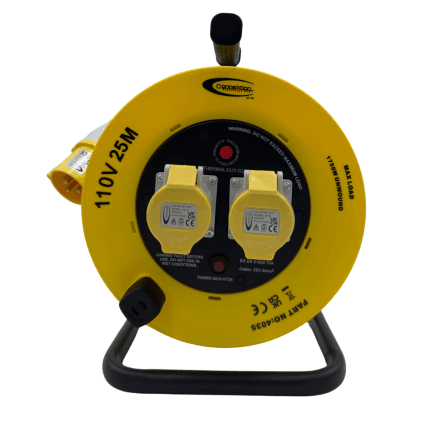 Yellow electrical extension cord reel with two sockets on a white background