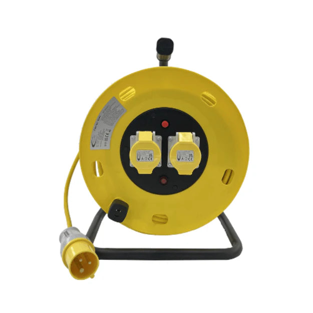 Yellow electrical cable reel with multiple sockets on a white background