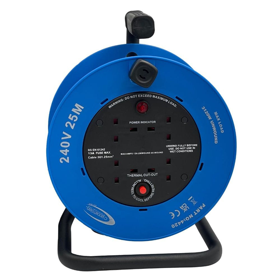 Blue electrical cable reel with power outlet on a white background