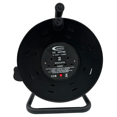 Black extension cord reel with 2 sockets on a white background