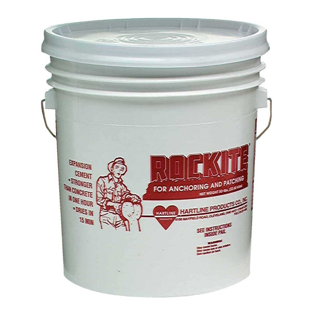 A white 50lb pail of Rockite anchoring cement with red and black text detailing product usage instructions and safety information.