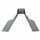 A metal joist hanger with multiple holes for nail application, typically used in construction for supporting floor joists or trimming stair wells.