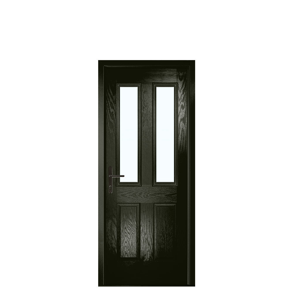 Dark wooden door with glass panels on a white background