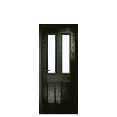 Dark wooden door with glass panels on a white background