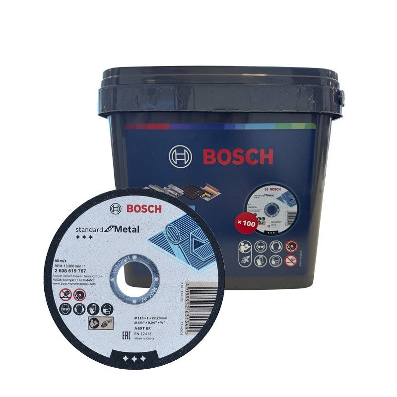 Bosch bucket with a metal cutting disc on a white background
