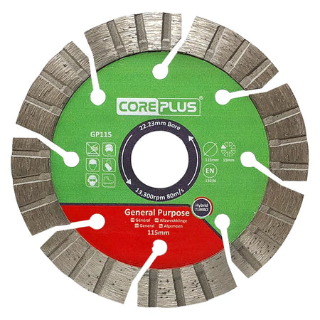 Core Plus diamond cutting disc with green and red design.