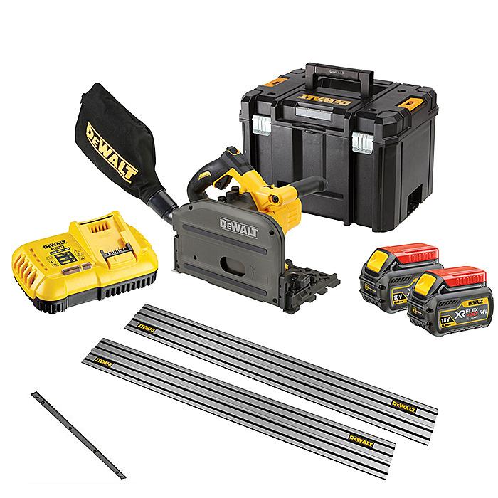 DeWalt power tool set with battery, charger, and accessories on a white background