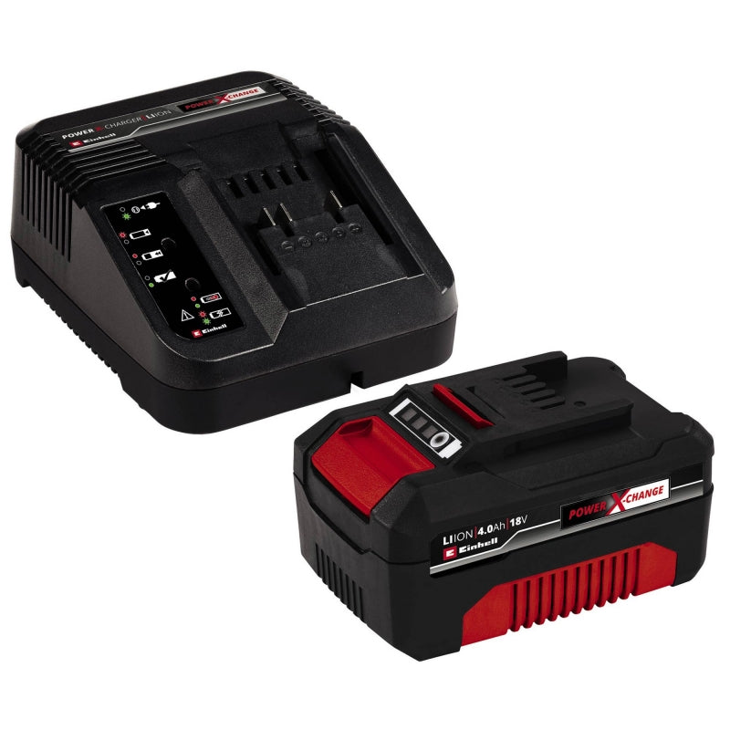 Black and red battery charger and battery pack on a white background