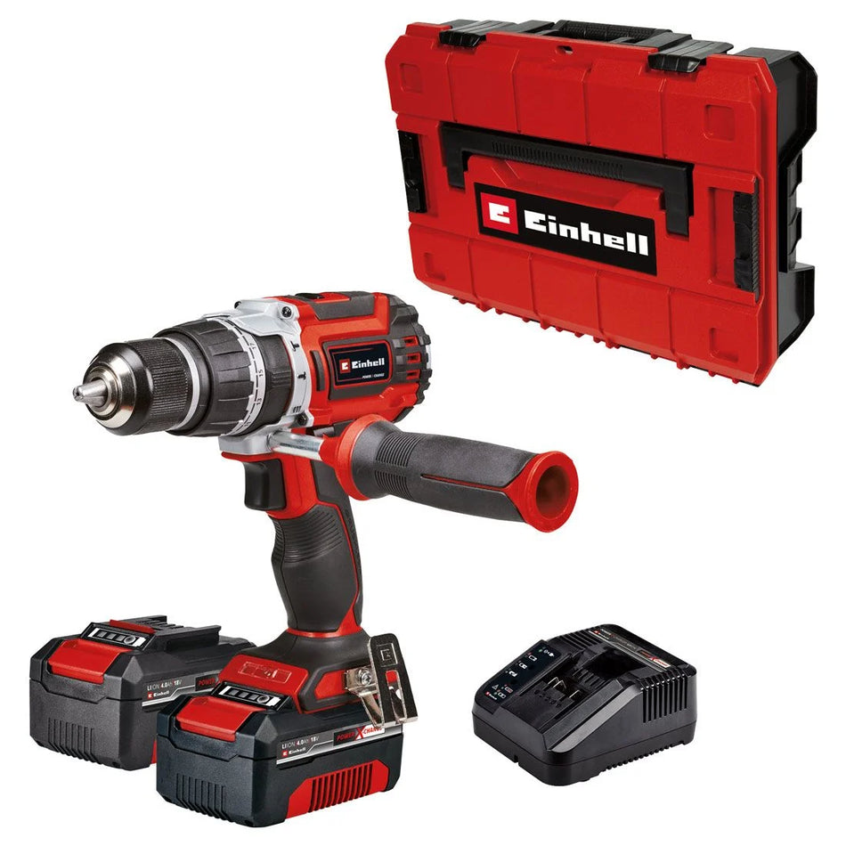 Cordless drill with battery, charger, and red carrying case on a white background