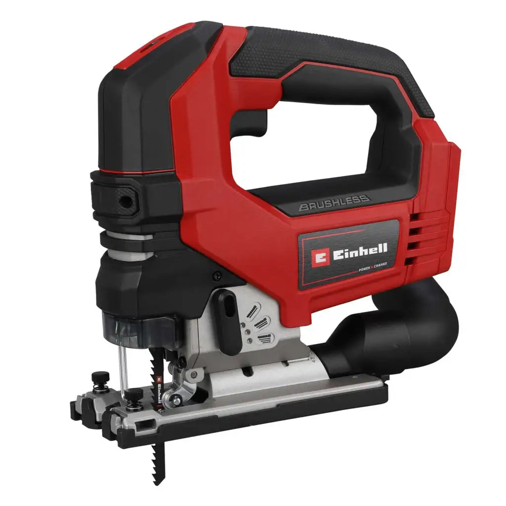Red and black Einhell jigsaw on a white background