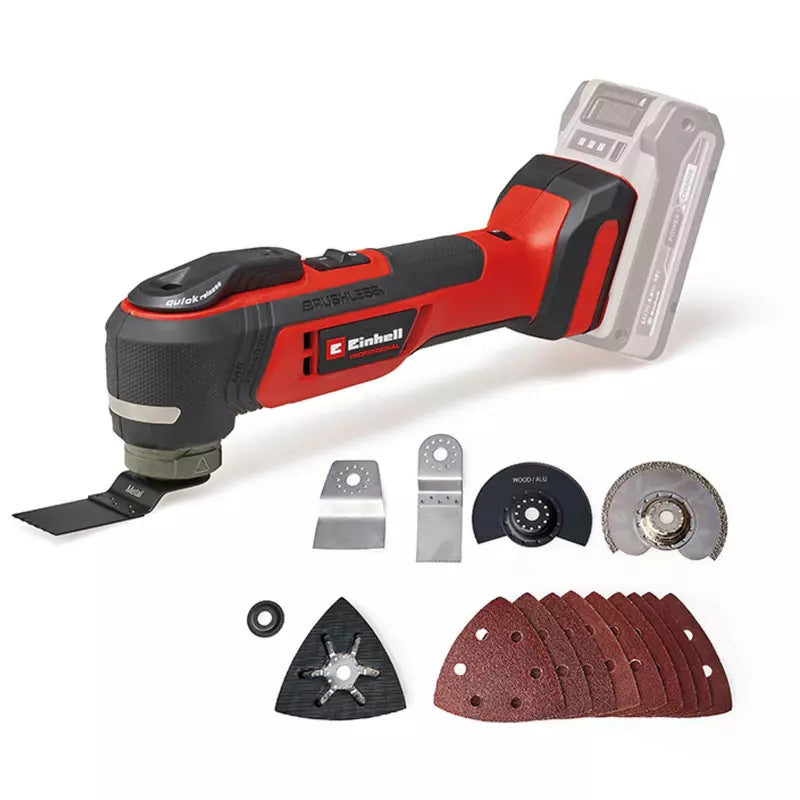 Red and black oscillating tool with various attachments on a white background