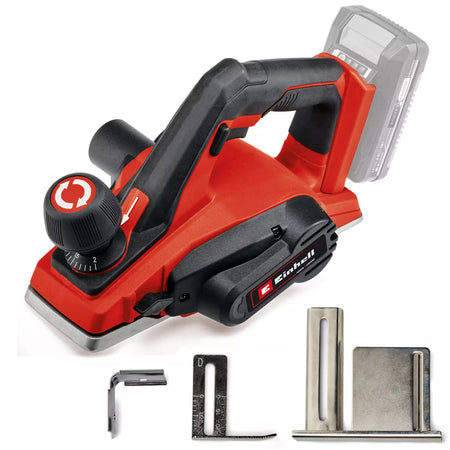 Red and black cordless power tool with accessories on a white background