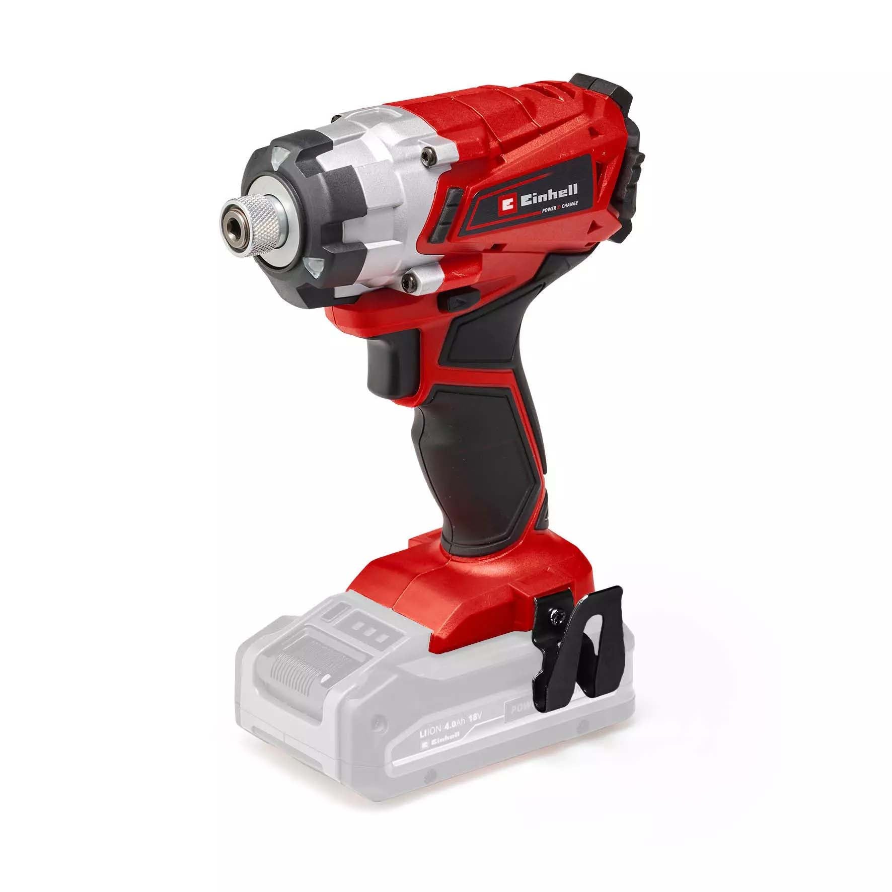 Red and black cordless drill on a white background