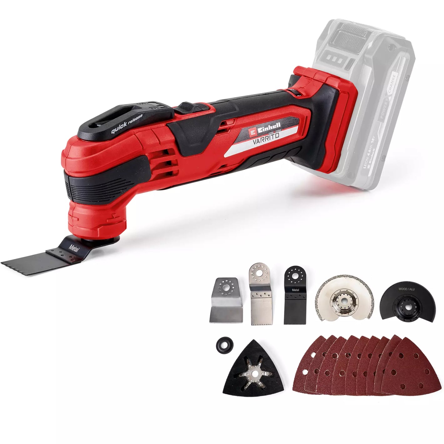 Red and black oscillating tool with various attachments