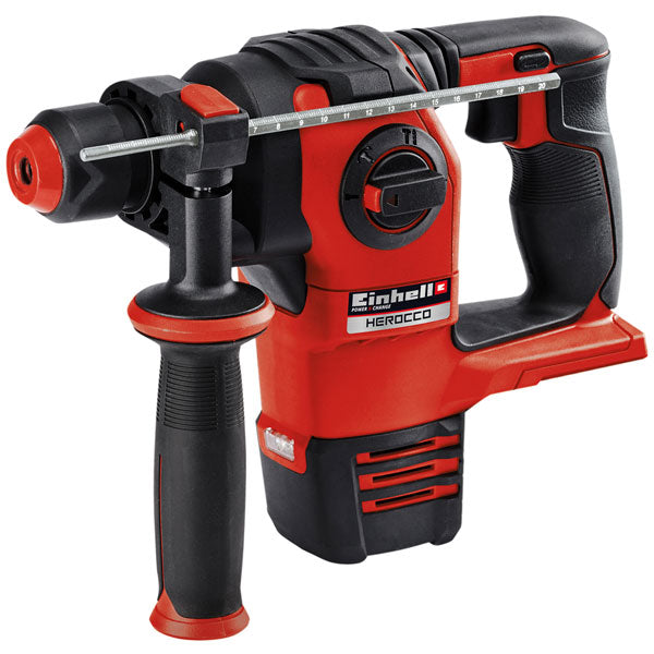 Red and black rotary hammer drill with 'Einhell' branding on a white background