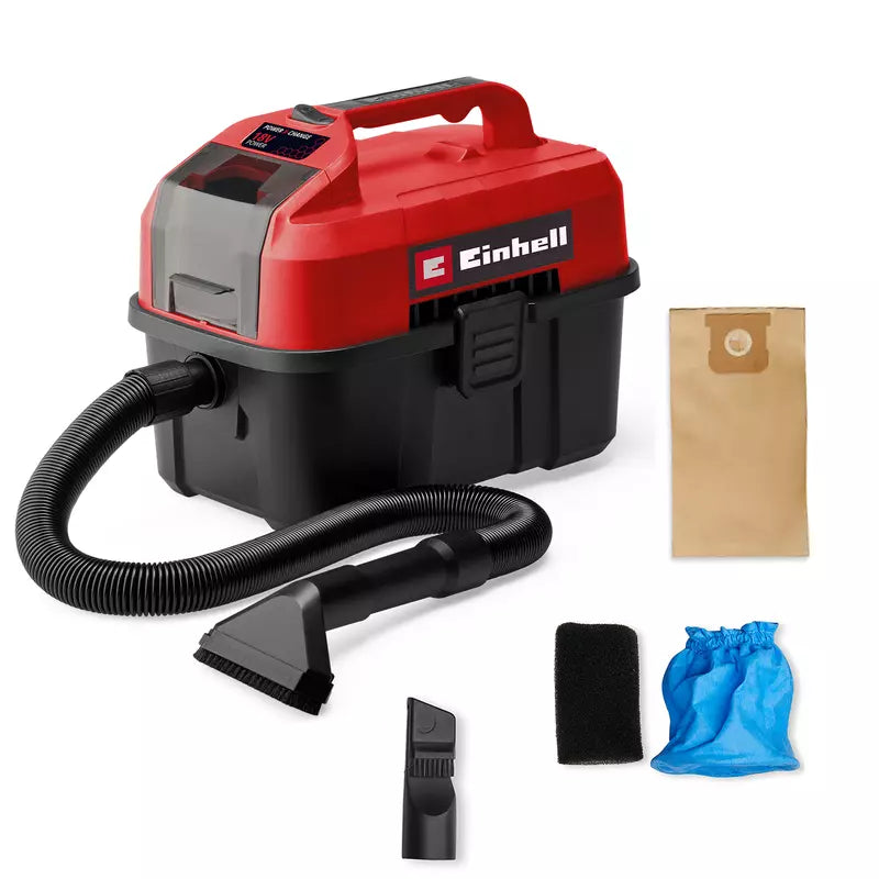 Einhell vacuum cleaner set with attachments and a dust bag on a white background