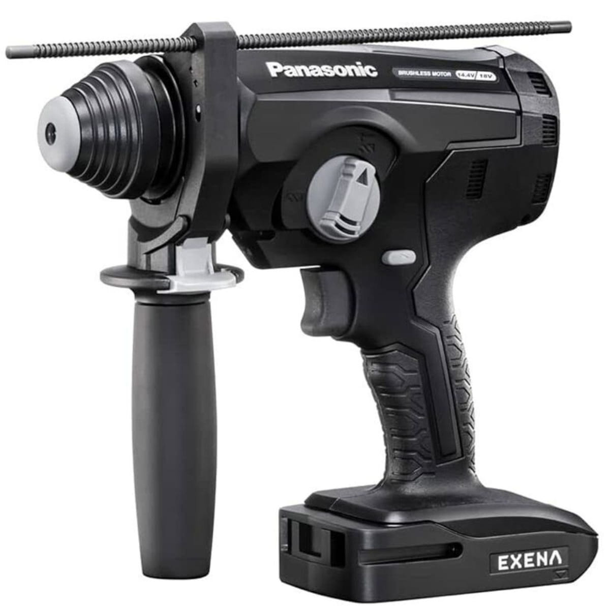 Black rotary hammer drill with Panasonic branding on a white background