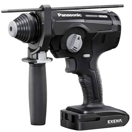 Black rotary hammer drill with Panasonic branding on a white background