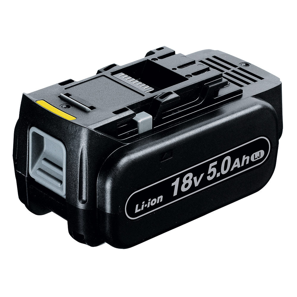 Black lithium-ion battery with '18V 5.0Ah' label