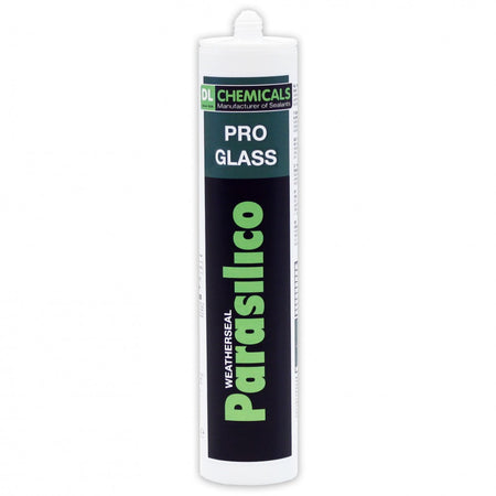 A tube of Parasilico Pro Glass Silicone in black color with a green label, predominantly white in hue.