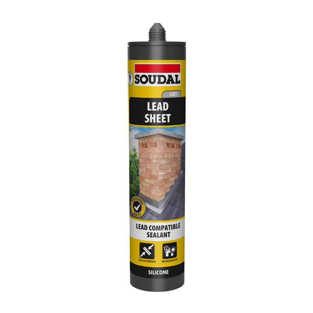 A tube of Soudal Lead Sheet Sealant with a black and yellow label, indicating it is a silicone sealant for lead compatibility.