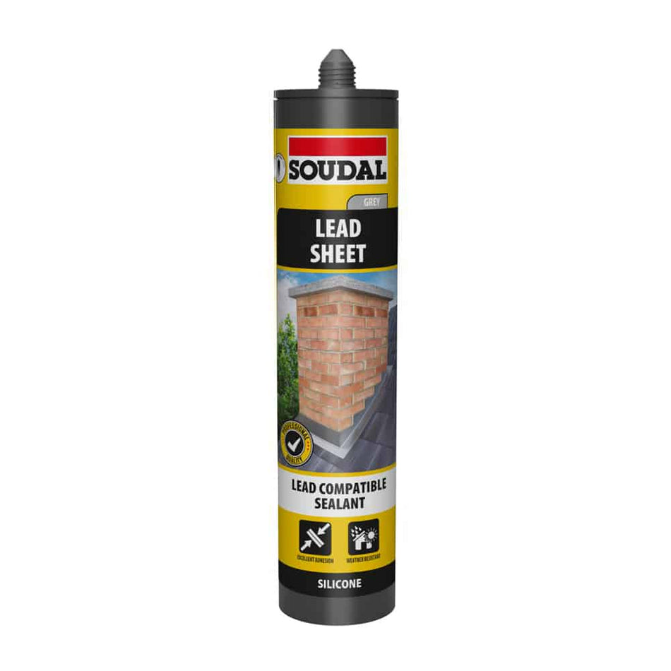 A tube of Soudal Lead Sheet Sealant with a black and yellow label, indicating it is a silicone sealant for lead compatibility.