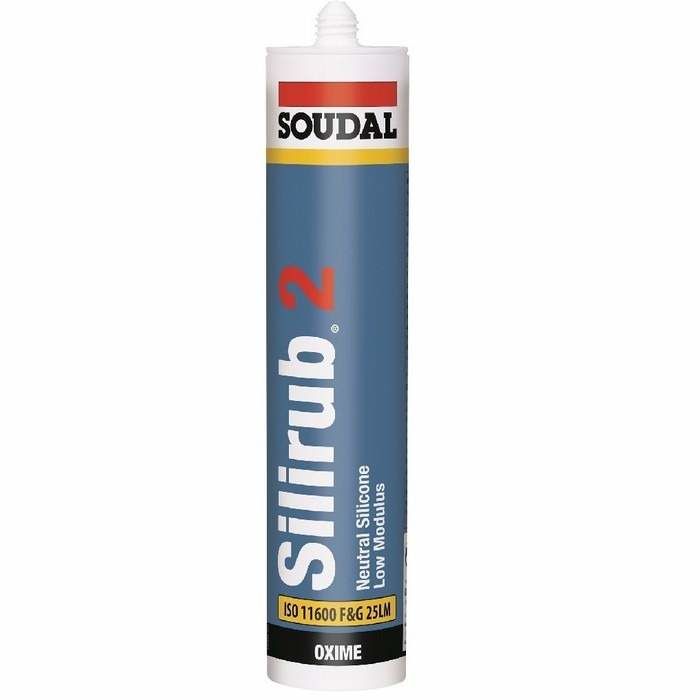 A tube of Soudal Silrub 2 neutral silicone sealant in a 300ml packaging with a rustic red/terracotta color label.