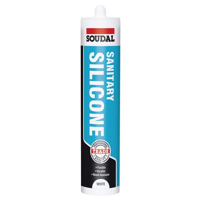 A tube of Soudal Sanitary Silicone sealant, 300ml, predominantly white in color with blue and red accents, labeled for use in sanitary applications.