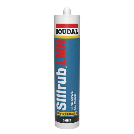 A tube of Soudal Silirub LMN silicone sealant with blue and white packaging.