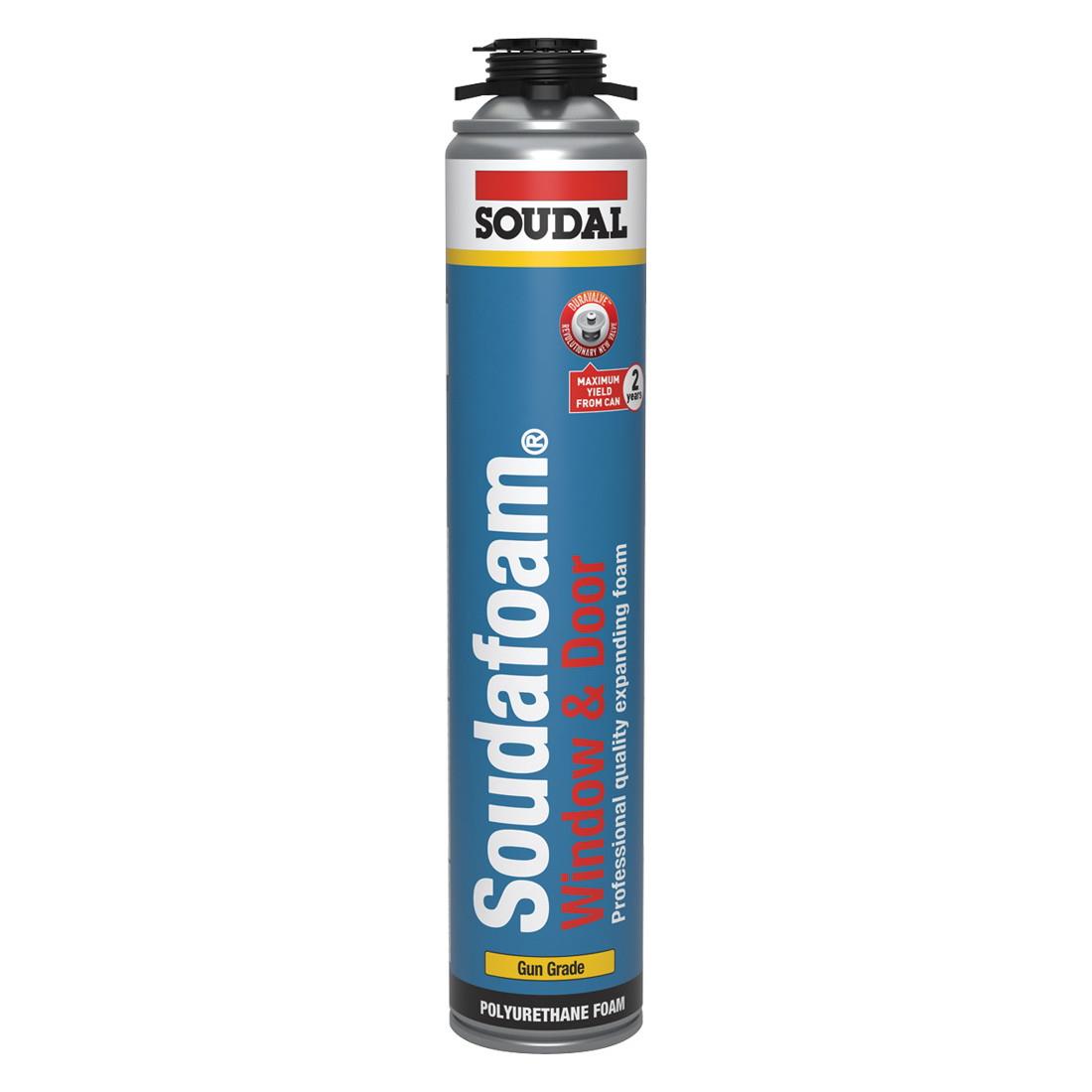 Soudafoam spray can for window and door insulation on a white background