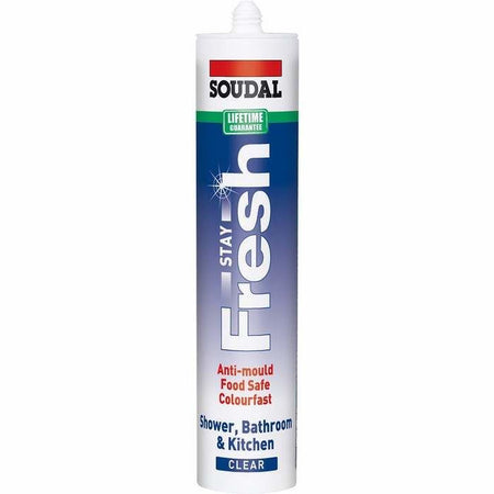 A tube of Soudal Stay Fresh anti-mould silicone sealant in clear color, with branding and product information printed on the side.