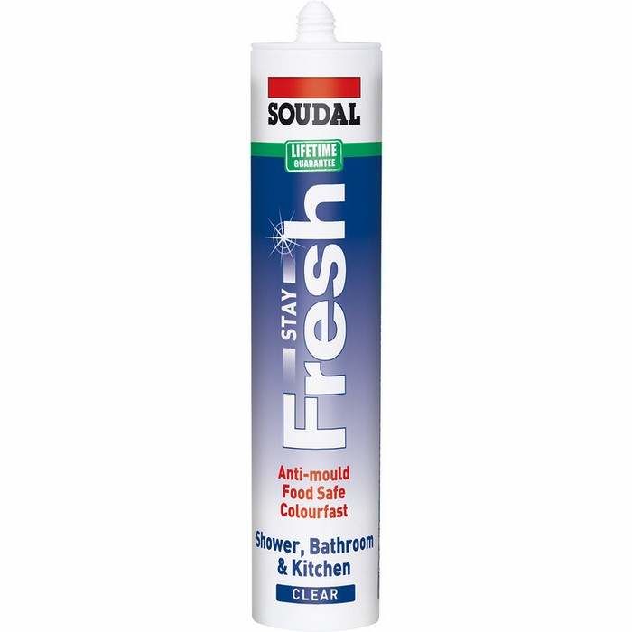 A tube of Soudal Stay Fresh anti-mould silicone sealant in clear color, with branding and product information printed on the side.