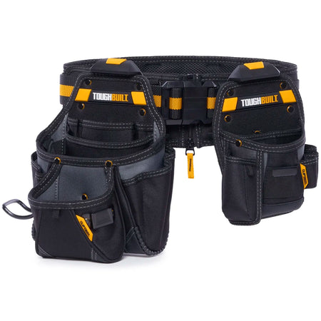 Black tool belt with yellow accents and 'TOUGHBUILT' branding on a white background
