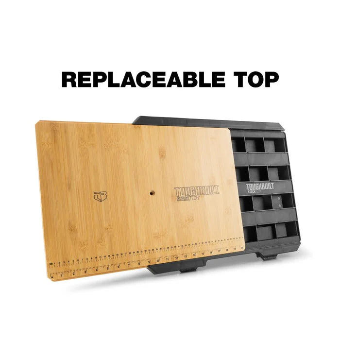 Tool organizer with wooden top and black tray on a white background, featuring the brand 'ToughBuilt'.
