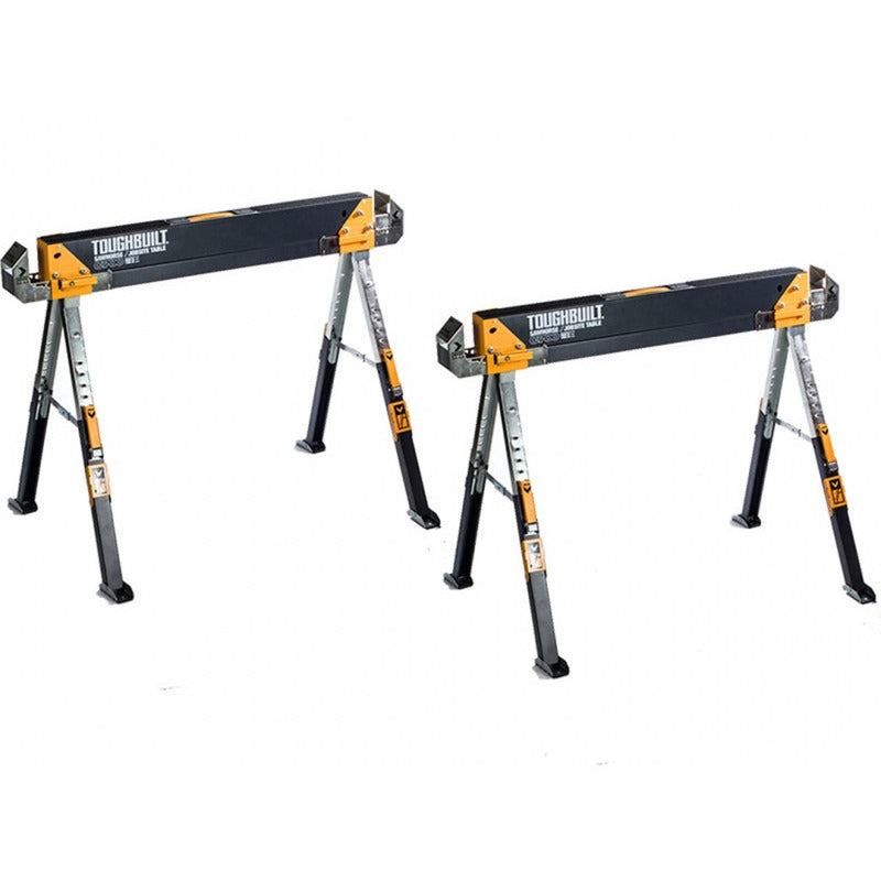 Two adjustable workbenches with ToughBuilt branding on a white background