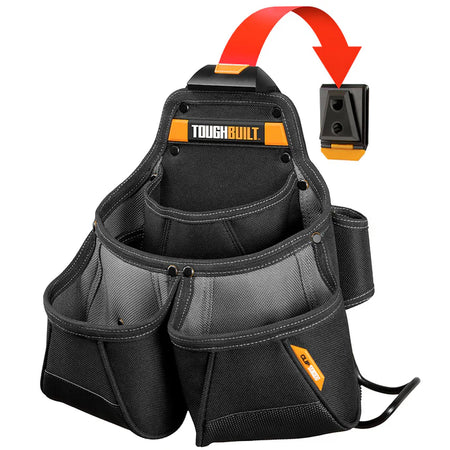 Black tool belt with multiple pockets and ToughBuilt branding on a white background