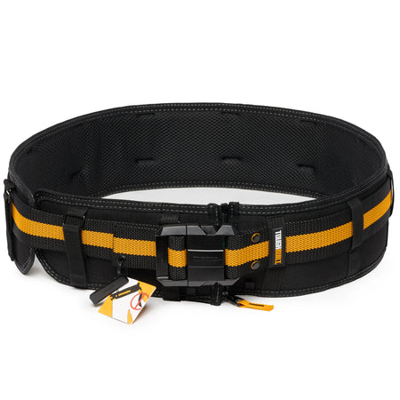 Black tactical belt with yellow stripes on a white background
