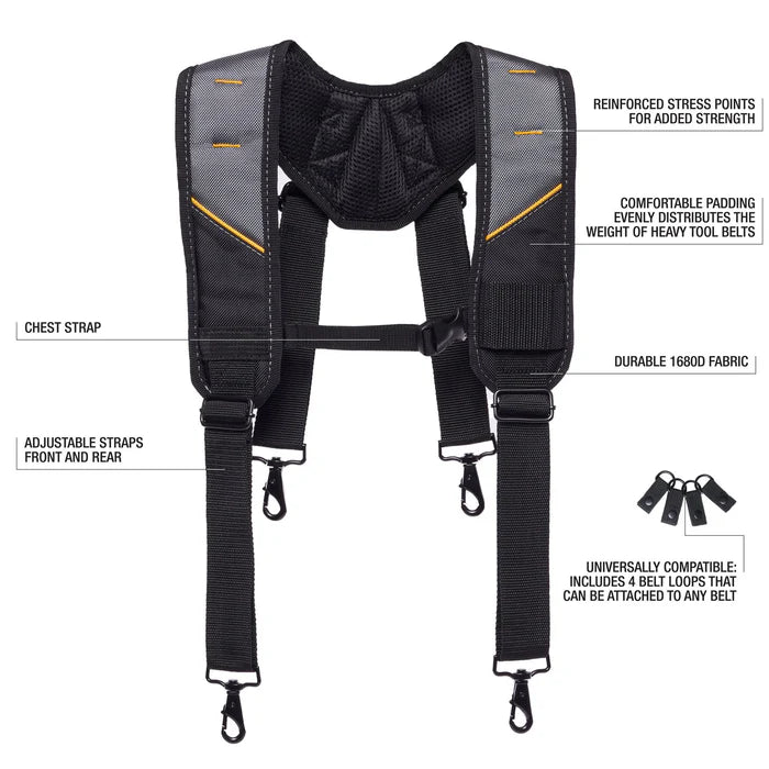 Black and gray harness with features highlighted on a white background