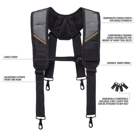 Black and gray harness with features highlighted on a white background