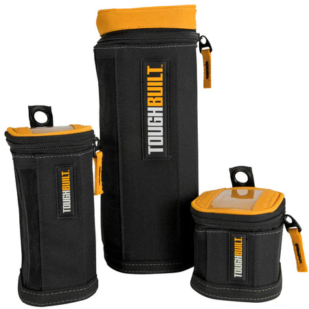 Three black and orange pouches with 'ToughBuilt' branding on a white background