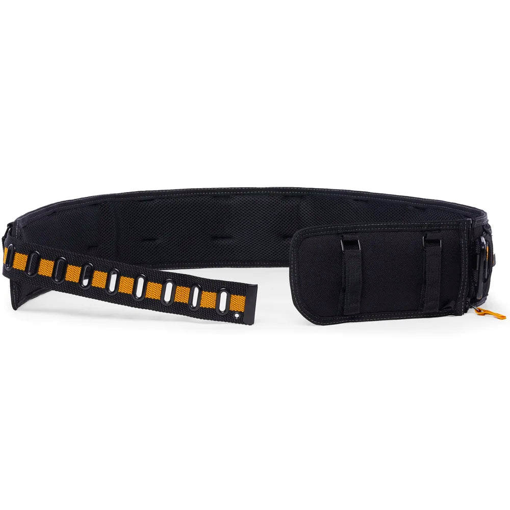 Black belt with a pouch and decorative strap on a white background