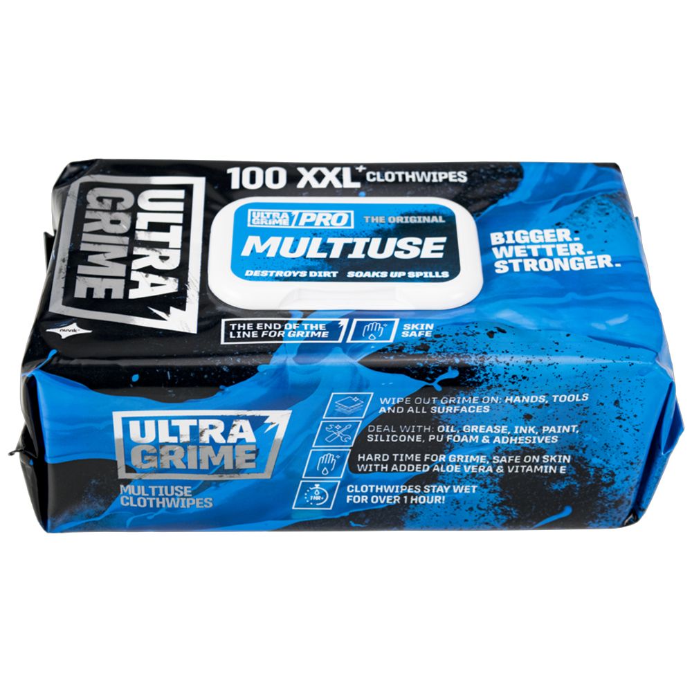 Pack of Ultra Grime Multiuse Clothwipes on a white background