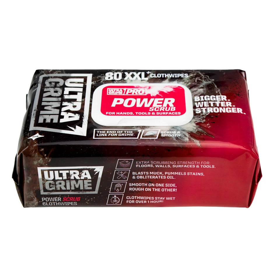 Box of Ultra Grime cloth wipes with Power Scrub branding on a white background