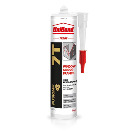 A tube of UniBond 7T Neutral LMN Silicone sealant with a nozzle attachment for application.