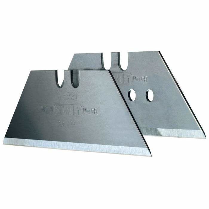 A pack of five silver-colored heavy duty utility knife blades.