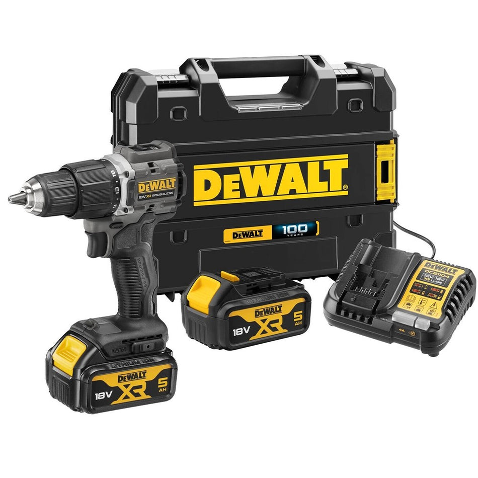 Dewalt DCD100P2T 18V XR Brushless Limited Edition 100 Year Combi Drill, 2x 5.0Ah Batteries, Charger & TSTAK Case
