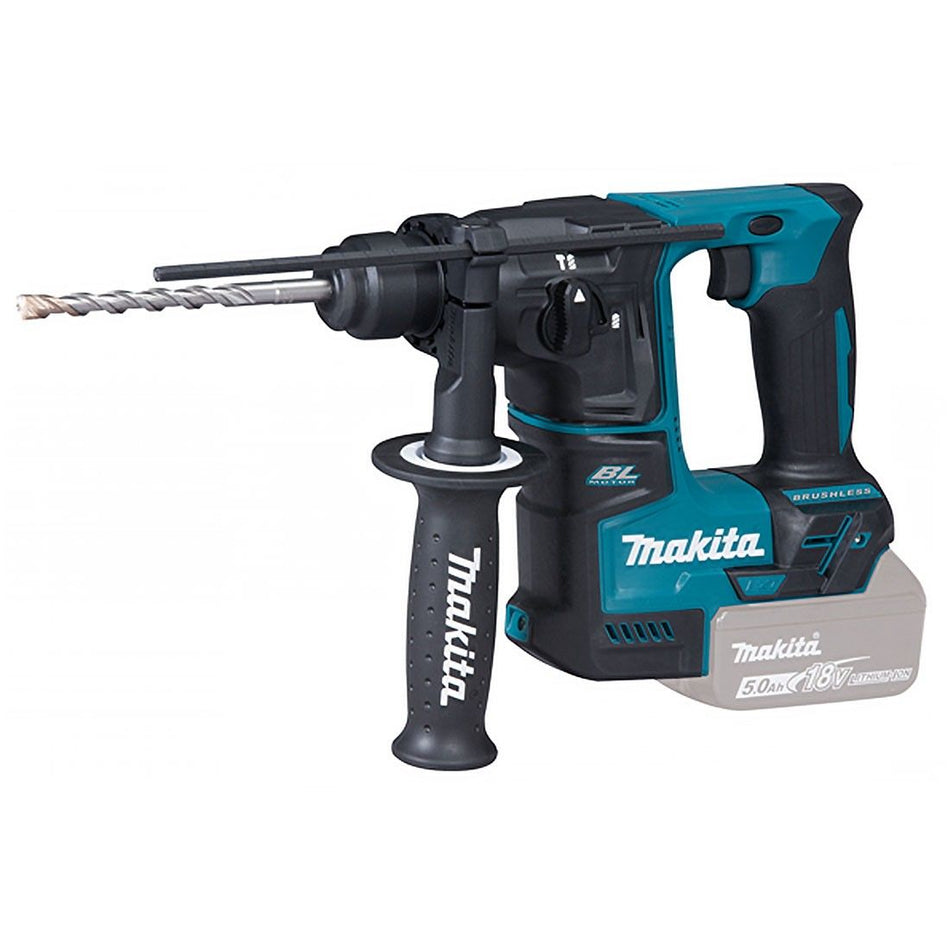 Makita DHR171Z SDS+ Rotary Hammer Drill with a blue and black color scheme, showcasing the front handle and trigger.