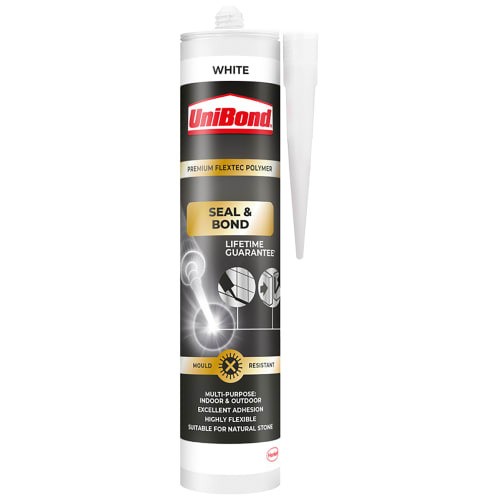 A tube of Unibond Seal & Bond white mould resistant sealant, with branding and product information printed on the label.